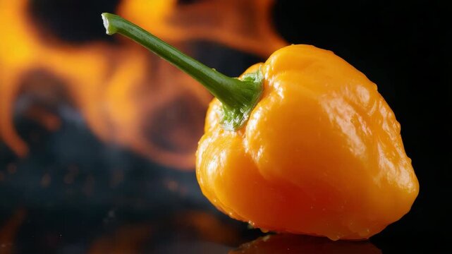 Vibrant yellow pepper with flames in background across three intense frames
