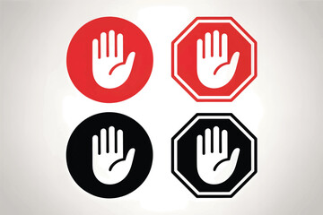 Fototapeta premium Digital vector illustration of various stop hand symbols, including red circular, red octagonal, black circular, and black octagonal warning icons.