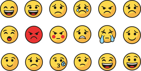 Fototapeta premium Emoji faces expressions set with happy sad angry crying moods cartoon vector illustration collection