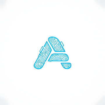 Futuristic letter a logo designed with neon blue circuit board patterns representing artificial intelligence and advanced technology for cyber security and digital innovation startup businesses