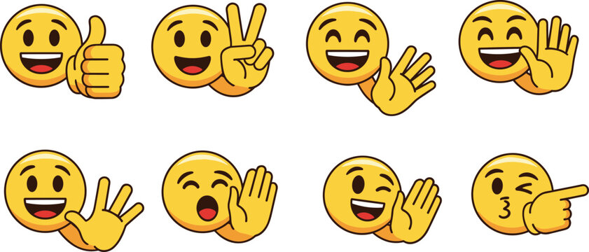 Emoji hand gestures set with smiley faces thumbs up peace sign waving cartoon vector illustration collection