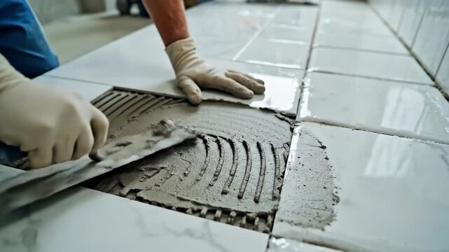 Tiler installing marble floor tile. Professional man laying ceramic tiles with mortar on construction site. Renovation and interior improvement for home project.