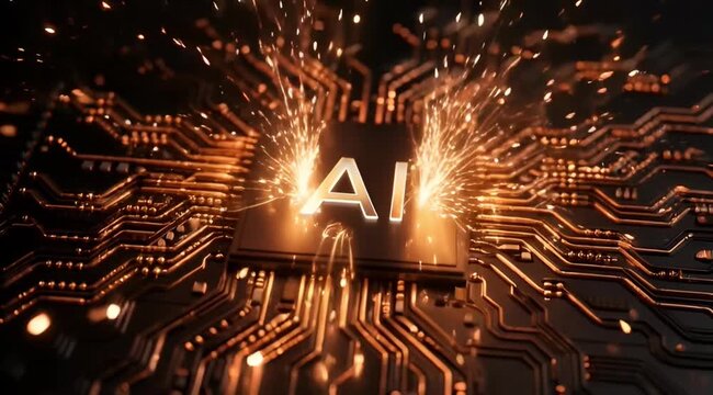 Artificial Intelligence (AI) chip on a circuit board with glowing sparks, symbolizing digital processing and innovation