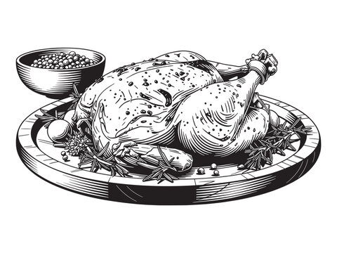 Roasted chicken with herbs and spices vector  Stencil art