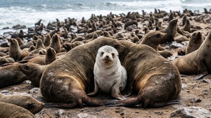 Fototapeta premium White seal pup surrounded by brown elephant seals on sandy beach