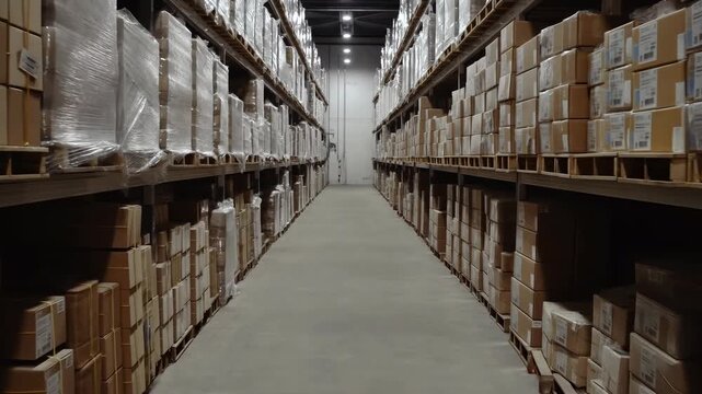 Warehouse Corridor Visuals. Brightly Lit Industrial Storage Space Featuring Stacked Boxes And Racks