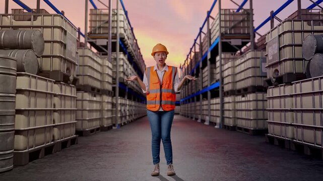 Full Body Of Wondering Asian Female Engineer With Safety Helmet Saying Why Working Doubtfully at Warehouse with Containers and Barrels