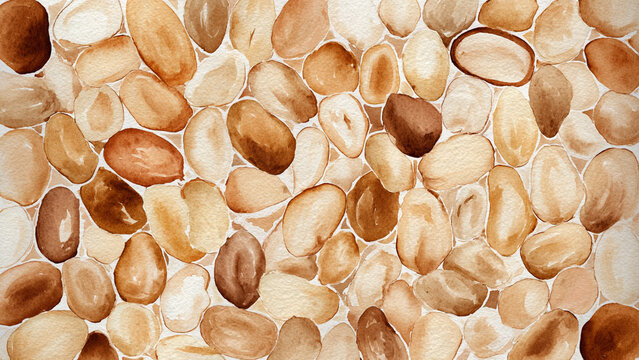 Hand-painted watercolor illustration of peanuts in full frame composition, dense overlapping nuts with light brown tones and organic shapes, perfect for food background.