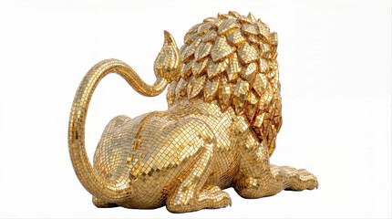 Obraz premium Rear View of Gold Mosaic Reclining Lion Statue Isolated on White Background