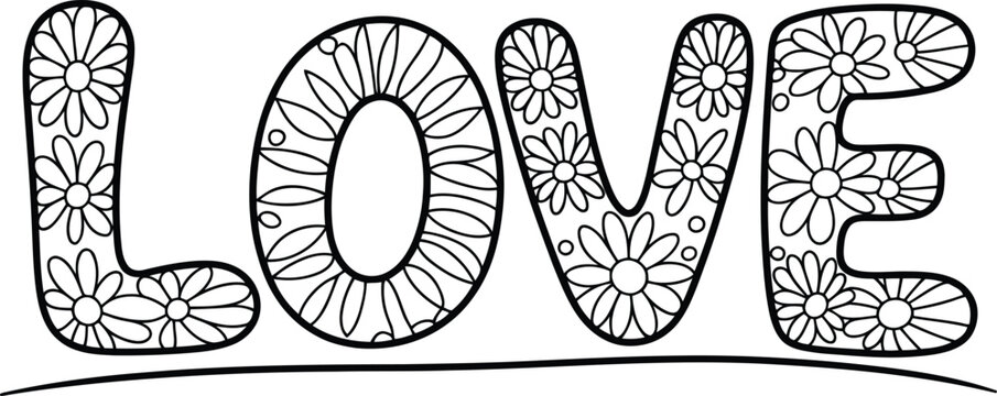 Bold black outline letters spelling LOVE filled completely with cheerful stylized daisy flowers