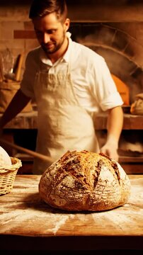 Crafting Artisan Bread: The Journey of a Baker from Oven to Table, Capturing the Essence of Traditional Techniques in a Rustic Bakery Setting