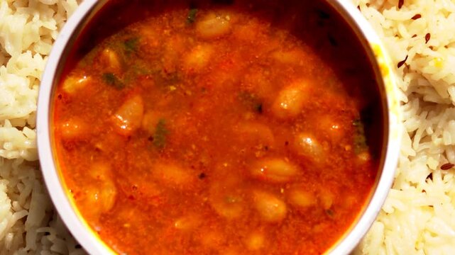 Kidney bean curry or rajma or rajmah rice table top spin isolated on white background.