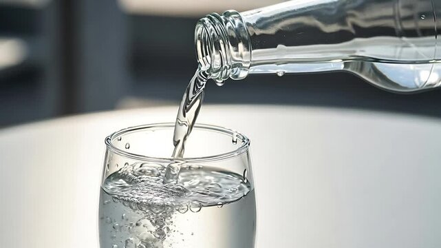 Clear water being poured from a glass bottle into a drinking glass, showing refreshing hydration.
