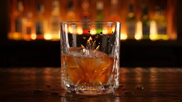 A glass of whiskey on the rocks sitting on a wooden bar table with bottles in the background