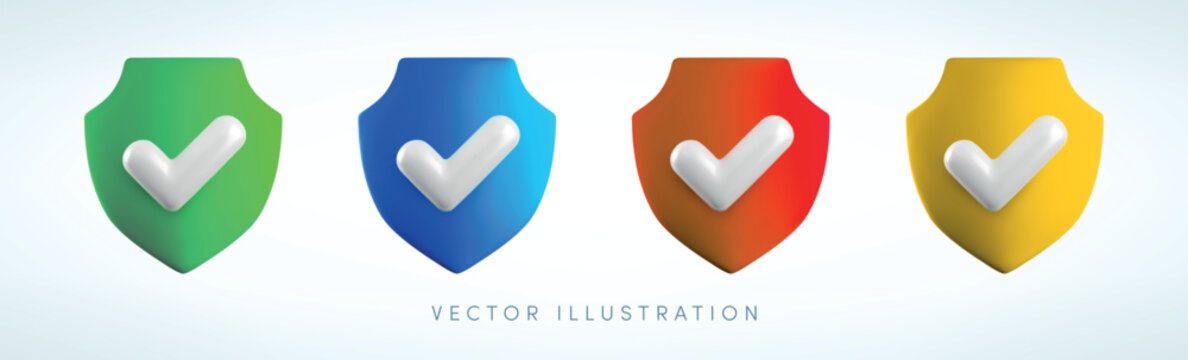 Vector Realistic 3d color shield with tick verification icon set. Cartoon 3d green, blue, red, yellow render of data protection approved symbol, safe payment guarantee, security checkmark notification