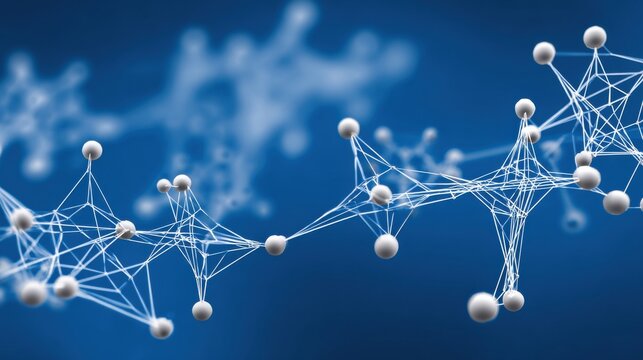 Detailed molecular structure with vibrant blue background highlighting quantum node concept in digital environment