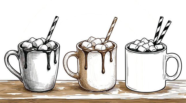 Hand drawn sketch of hot chocolate mugs with marshmallows and straws on wooden table for winter cafe menu and cozy holiday beverage promotion