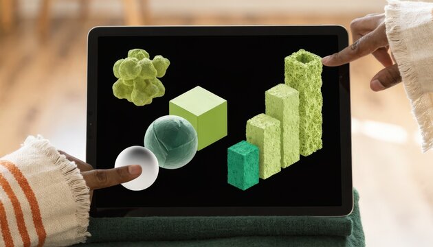 Medium shot of a tablet showing environmental impact scores for a microfinance initiative fingers pointing at key statistics with background blurred.