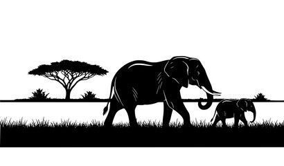 Elephant and calf silhouettes in savanna with acacia tree minimal wildlife vector illustration © MdShakil