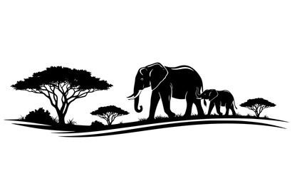 Stylized elephant family silhouettes with acacia tree dynamic savanna wildlife vector scene © MdShakil