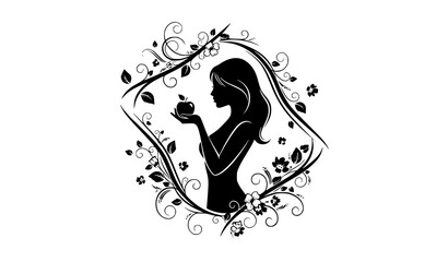 Stylized woman silhouette with apple surrounded by decorative floral frame fantasy vector design © MdShakil