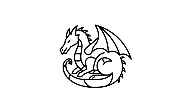 Minimal geometric dragon line art with folded wings abstract fantasy outline vector illustration
