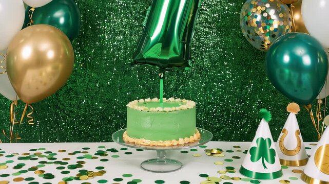 Green number seven balloon hovers over a birthday cake with colorful balloons and party hats on a sparkling green background