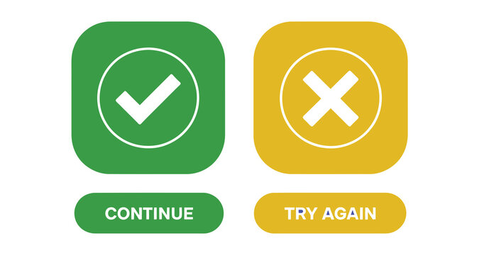 Continue and try again button set, UI control buttons for retrying actions and continuing processes, vector illustration collection for mobile apps, web interfaces, and interactive software design.