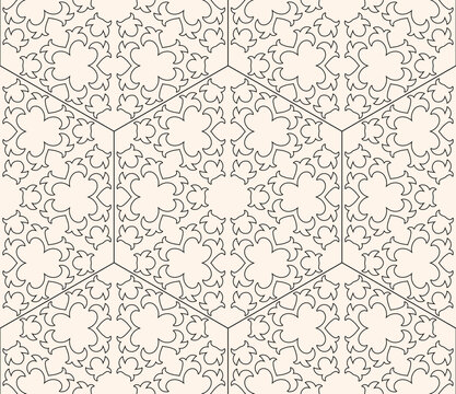 Delicate linear arabesque floral seamless pattern. Elegant monochrome vector background texture with outline arabic islamic oriental geometric flower shapes, hexagonal grid. Repeated design for decor