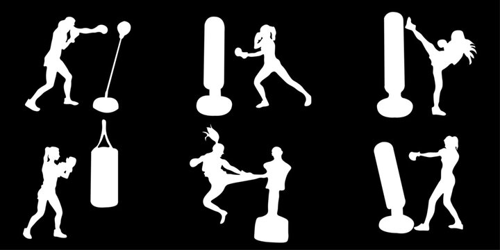 Set of female boxer silhouettes training with punching bag. Strong and dynamic poses isolated on black background. Perfect for fitness, sport, women empowerment and active lifestyle design.