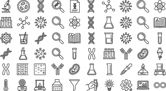 Large collection of black linear laboratory science icons featuring microscope dna strands bacteria magnifying glass and chemistry research equipment