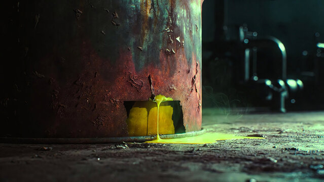 Dark liquid drips from a rusted pipe onto a concrete floor, creating a dramatic spill.