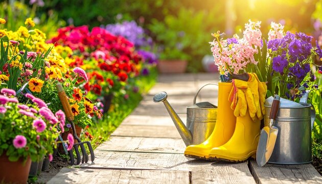 "A lively garden scene illuminated by warm daylight, with a rustic wooden pathway winding through colorful blooming flowers including tulips, marigolds, and petunias in shades of red, pink, purple, ye