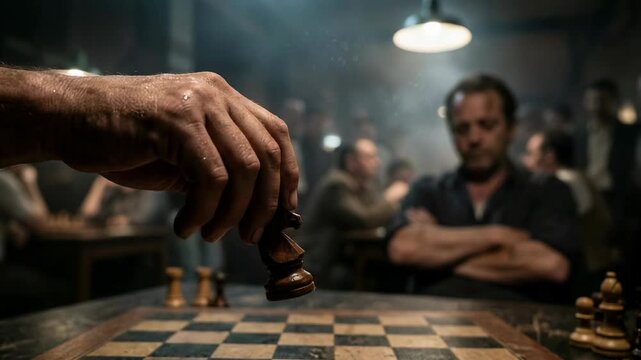 Male player with light skin places chess piece on board in a crowded, dimly lit room, with spectators focused on the ongoing game