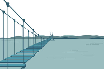 Long Rope Suspension Bridge Over Water Landscape in Flat Design, travel adventure concept with copy space