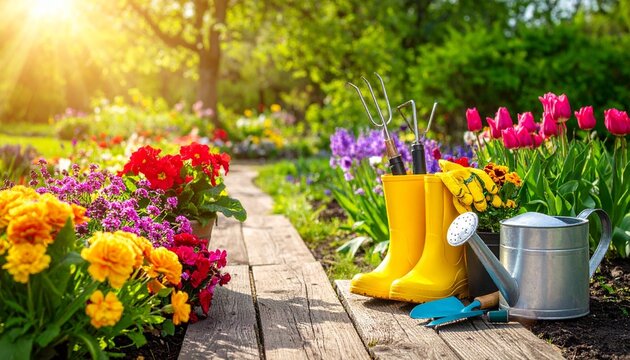 "A lively garden scene illuminated by warm daylight, with a rustic wooden pathway winding through colorful blooming flowers including tulips, marigolds, and petunias in shades of red, pink, purple, ye