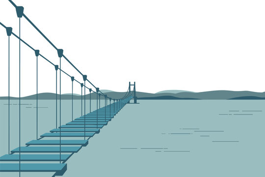 Long Rope Suspension Bridge Over Water Landscape in Flat Design, travel adventure concept with copy space