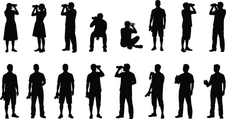 Set of black silhouettes showing people looking through binoculars in different standing and sitting poses, isolated on a white background © Shahanaj