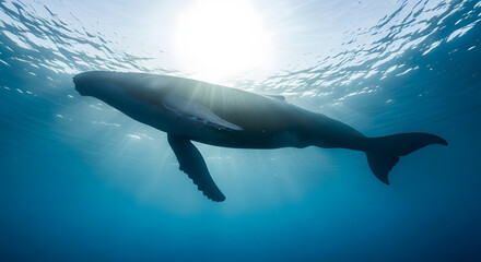 Naklejka premium Majestic humpback whale swimming underwater in clear blue ocean sun rays shining through the water concept of marine life and ocean conservation
