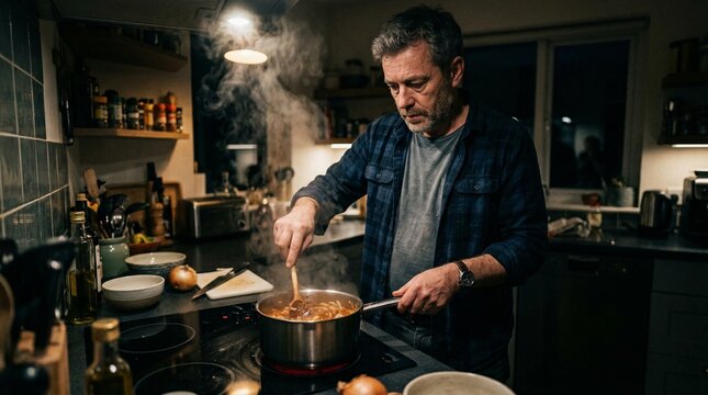 A middle-aged man in casual clothes cooking a late-night meal on an electric induction stove, tired but focused expression, dim kitchen lighting, steam rising from pot, cinematic moody atmosphere