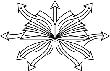 Obraz premium Open book line art vector illustration with multiple curved arrows pointing outward for educational knowledge and information sharing