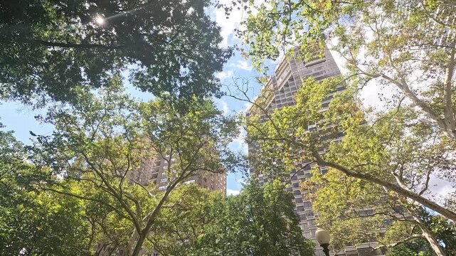Footage of skyscrapers and office buildings in the skyline at Rittenhouse Park in Philadelphia Pennsylvania USA