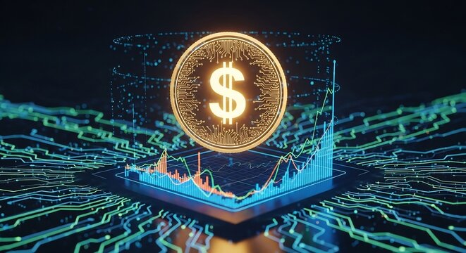 Digital Dollar Coin Symbol on Futuristic Financial Data Chart.
