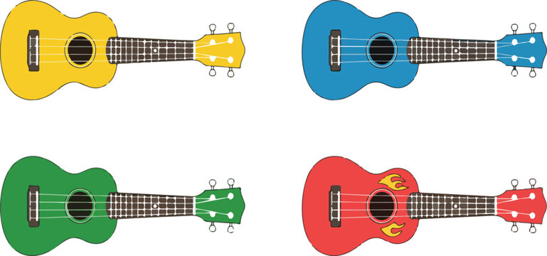Set of four colorful ukulele illustrations arranged in grid pattern on white background musical instrument collection design
