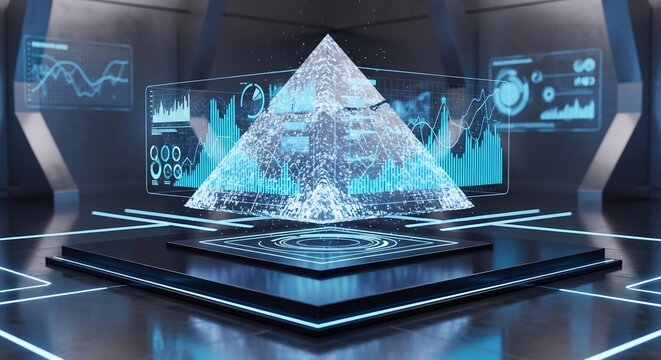 Futuristic Holographic Pyramid Data Visualization in a High-Tech Environment.