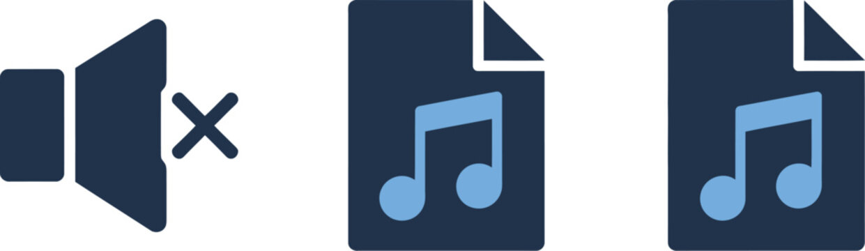 Muted Speaker Icon with Music Notes, solid style vector illustration showing silent mode, audio files, media control interface, application design, and user interface concept.