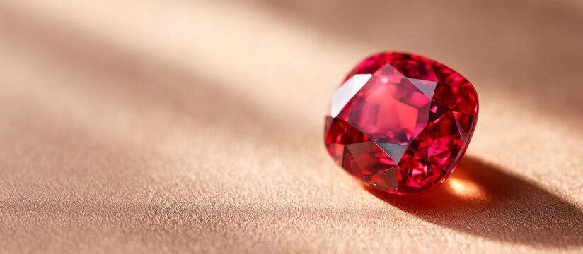 Captivating single cushion-cut vivid red ruby gemstone sparkling on a warm champagne silk background with soft lighting