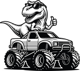 Cool T rex riding monster truck, black and white cartoon vector illustration of dinosaur with sunglasses and oversized off road vehicle © Liton Roy