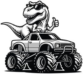 Cool dinosaur riding monster truck, black and white cartoon vector illustration of T rex with sunglasses driving oversized off road vehicle © Liton Roy