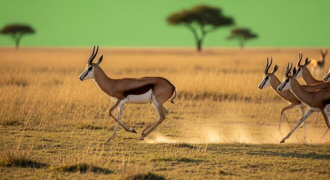 Majestic Springbok Antelopes Running Across African Savanna Landscape